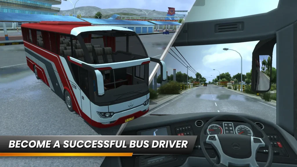 Bus Simulator Indonesia MOD APK screenshot showing bus driving on Indonesian roads
