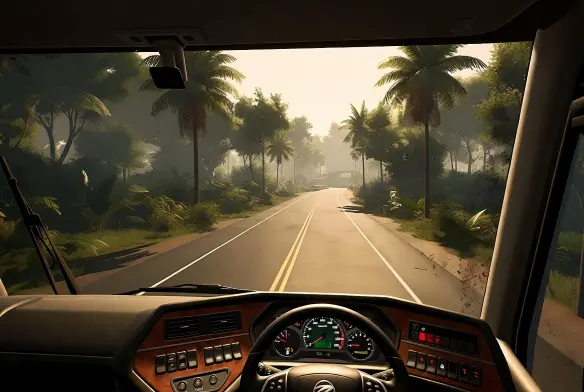 Bus Simulator Indonesia Mod APK first person cockpit view driving on tropical Indonesian highway