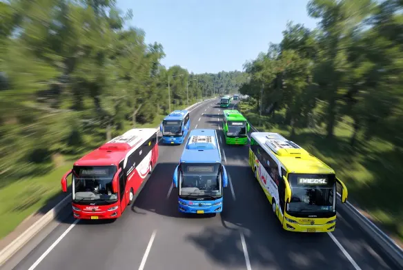 Bus Simulator Indonesia Mod APK multiplayer convoy mode with five colorful buses on Indonesian highway