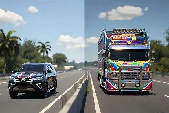 Bus Simulator Indonesia Mod APK vehicle mods - Fortuner and Indian DJ truck on Indonesian road